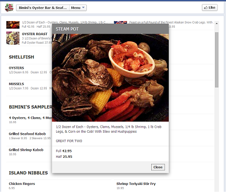 Bimini Myrtle Beach menu tab on Facebook