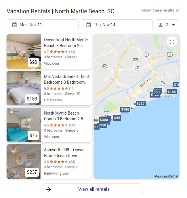 Google 4-pack for Vacation rentals in North Myrtle Beach